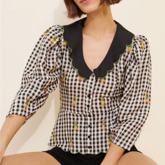 FARM Rio Linen Blend gingham Embroidered Top